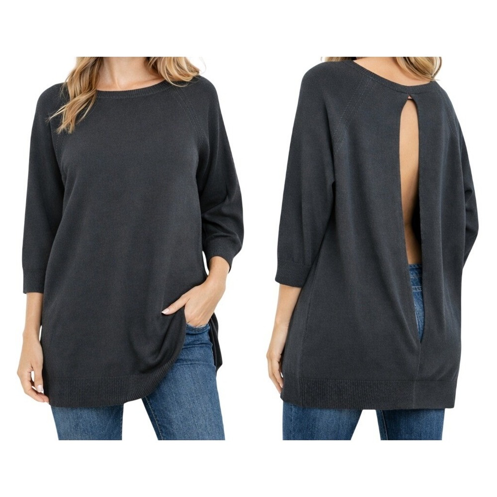 Sael Womens M Gray Perugia Split Open Back Cashmere Sweater‎ NWT